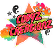 A colorful graphic design featuring the text 'COBYZ CREATIONZ' in bold pink bubble letters with black outlines. The text is layered over a torn-edge star filled with a watercolor rainbow gradient and decorated with rhinestones, two black-and-white yin-yang symbols, and small silver glitter stars on a plain white background.